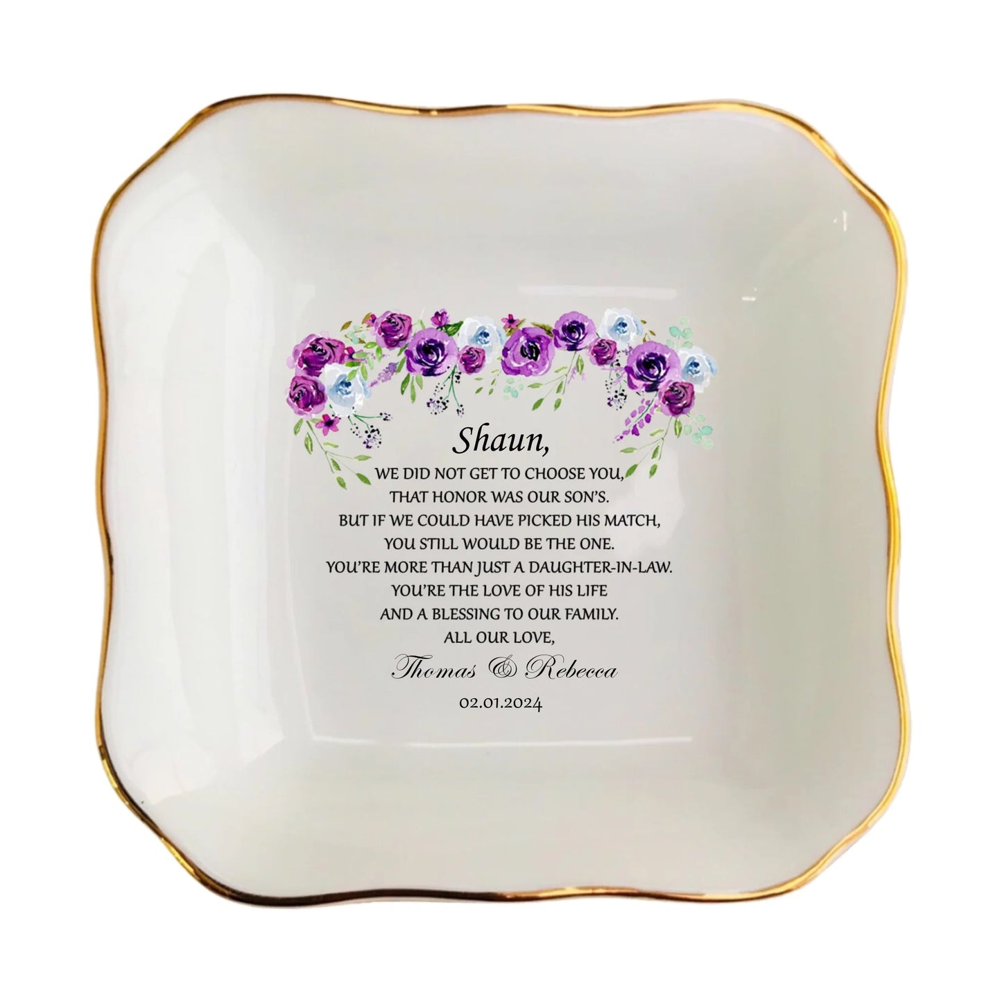 Daughter-In-Law Custom Ring Dish Holder | Bridal Shower & Wedding Gift from Mother of the Groom | Bride Keepsake