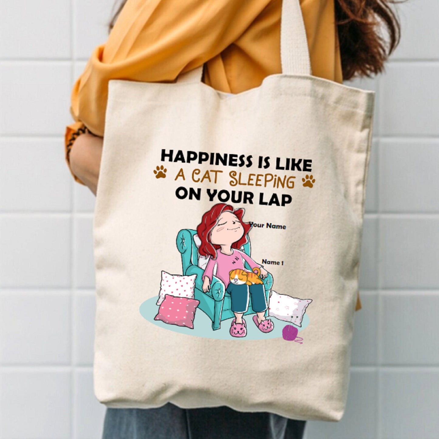 Happiness Is Like A Cat Sleeping On Your Lap Personalized Tote Bag, Custom Canvas Tote Bag, Cat Lady Bag, Cat Graphic Bag, Reusable Bag