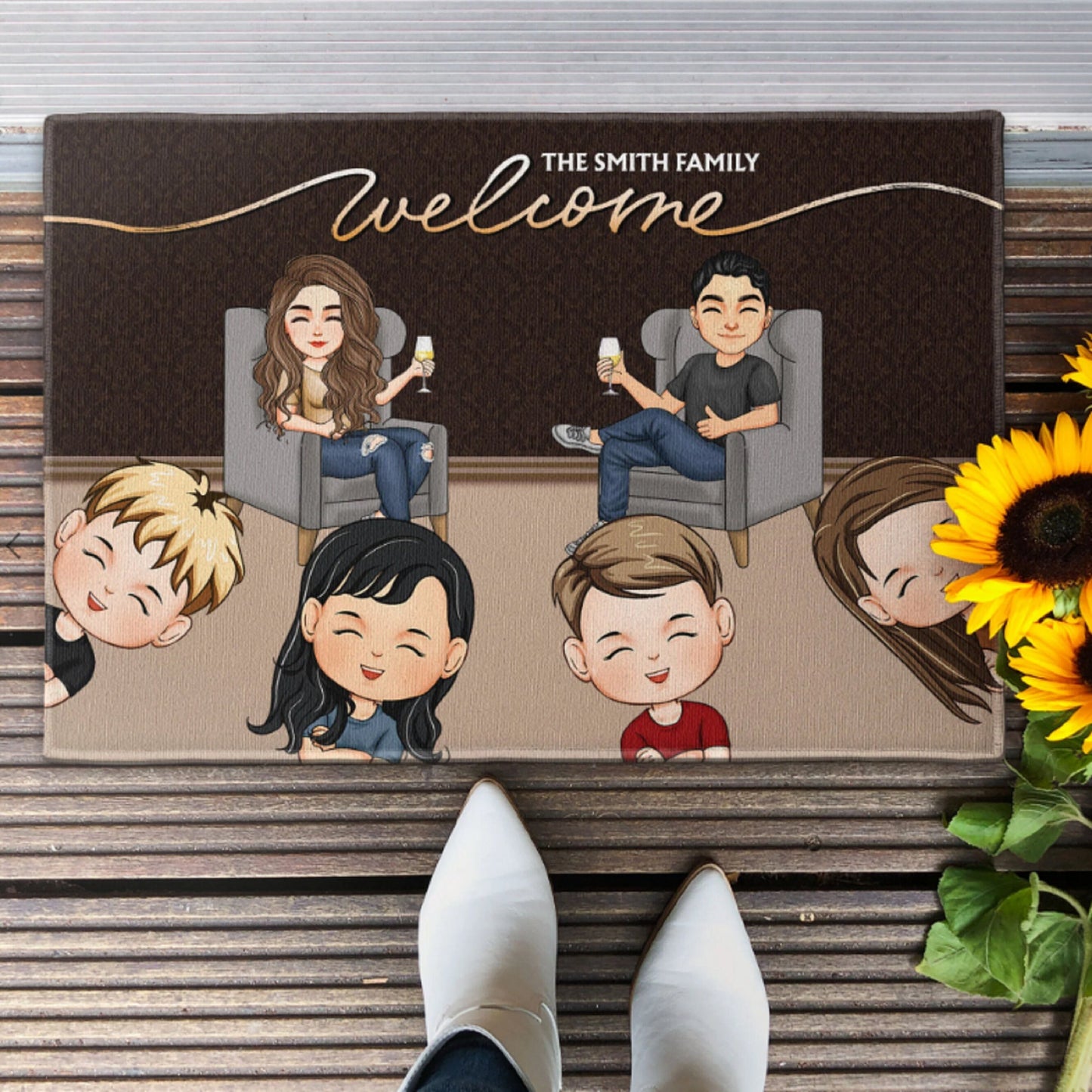 Custom Family Names Front Door Mat, Couple Welcome Doormat, Home Decor, Housewarming Gift, Home Sweet Home, Family Mat, Custom Chibi