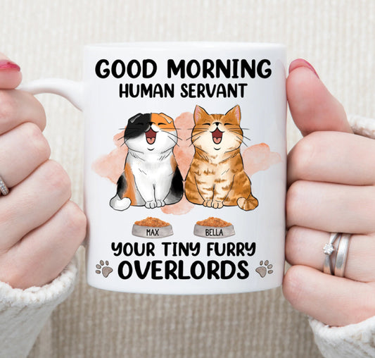 Good Morning Human Servant Cat Personalized Mug, Custom Cat Coffee Mug, Cat Dad, Cat Mom Mug, Gift For Cat Lovers, Vintage Cat Mug