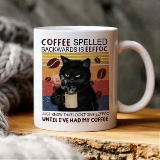 Black Cat Drink Coffee, Coffee Spelled Backwards Is Eeffoc, Funny Cat Mug, Gift For Friend, Custom Coffee Mug, Mom Cat Mug, Dad Cat Mug