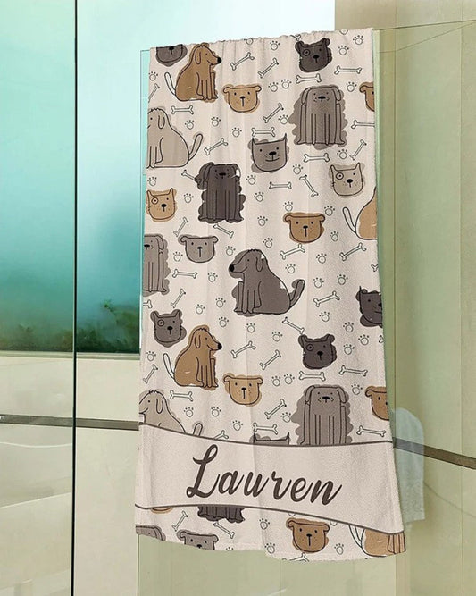 Personalized Name Cute Dog Beach Bath Towel, Personalized Beach Towel For Pet Dog Lovers, Custom Name On Beach Bath Towel For Family Trip