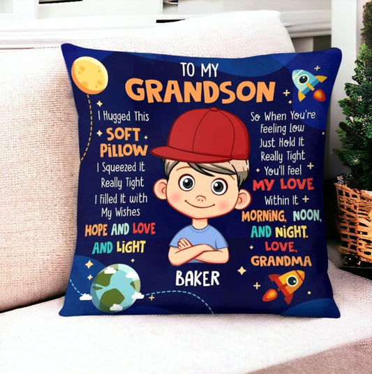To My Grandson Custom Pillow, Family Name Pillow, Long Distance Gift From Grandma, Grandmas Pillow with Grandkids, Grandson Gifts