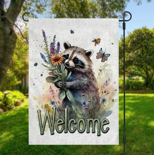 Cute Raccoon Garden Flag, Farmhouse Flag, Spring Garden Flag, Raccoon Flag, Jungle Animal Flag, Outdoor Flag, Farmhouse Decor, Holiday Decor