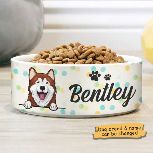Colorful Dot Custom Dog Bowls with Name & Breeds Design, Personalized Dog Bowl, New Dog Gift, Dog Food Bowl, Dog Water Bowl, Cute Pet Bowl