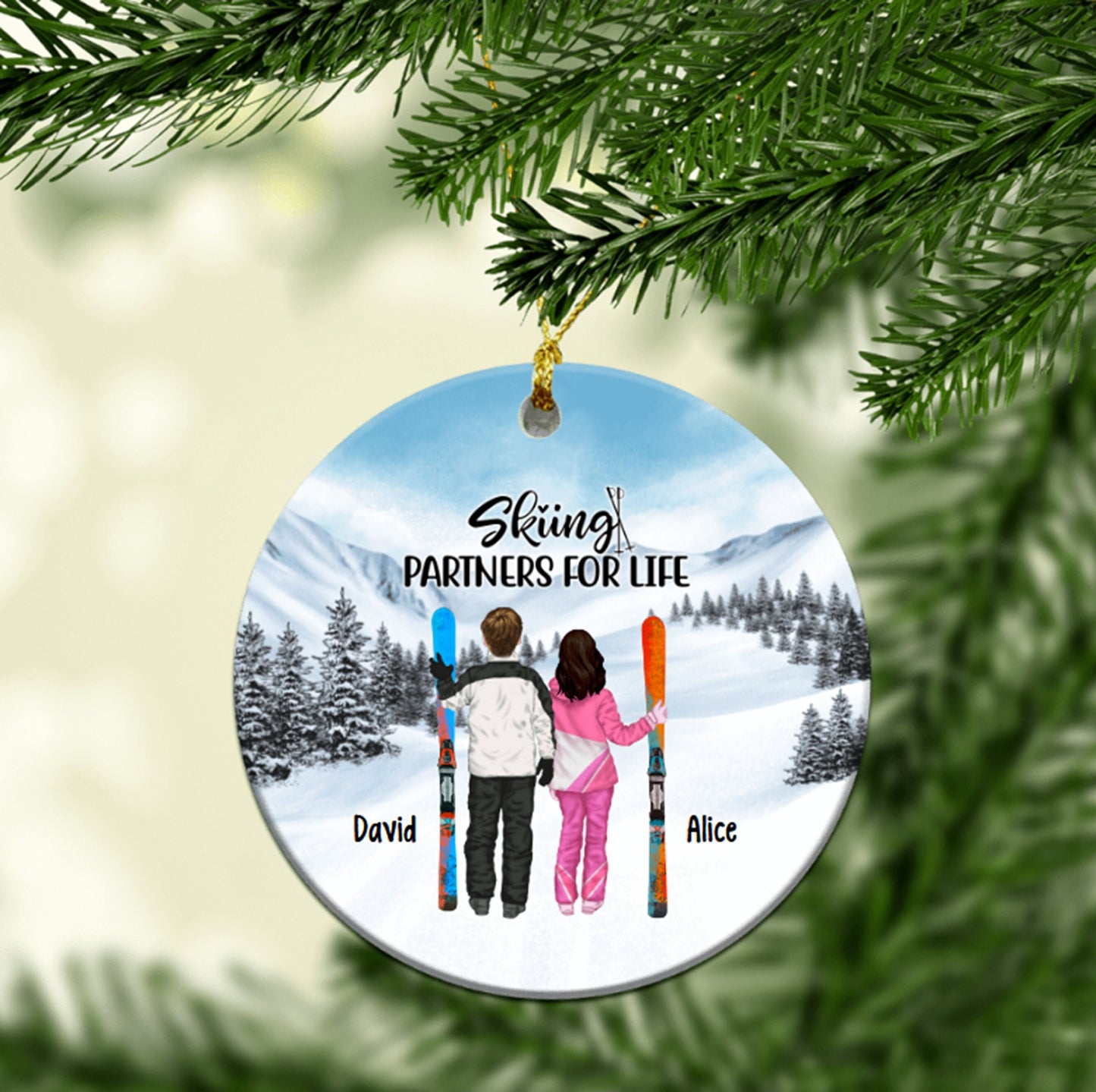 Skiing Partners for Life Personalized Ornament, Gift for Ice Skiing Lovers, Couples First Christmas, Engagement Keepsake, Couples Gift