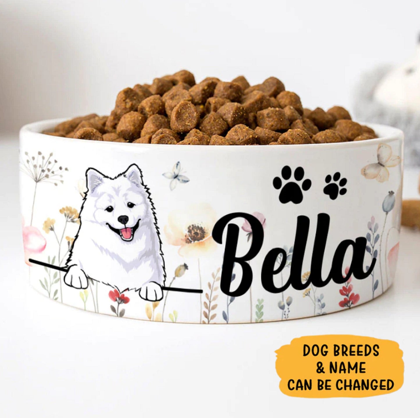 Custom Dog Bowls Cute Garden Flowers, Personalized Dog Bowl, New Dog Gift, Dog Food Bowl, Dog Water Bowl, Pet Bowl, Dog Lovers Gifts