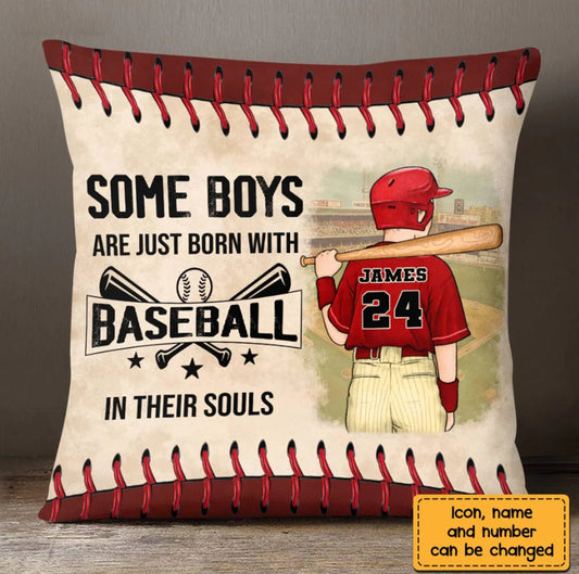 Born with Baseball Pillow, Custom Grandson Son Baseball Pillow, Family Name Pillow, Baseball Player Gift, Pitcher, Bat and Glove