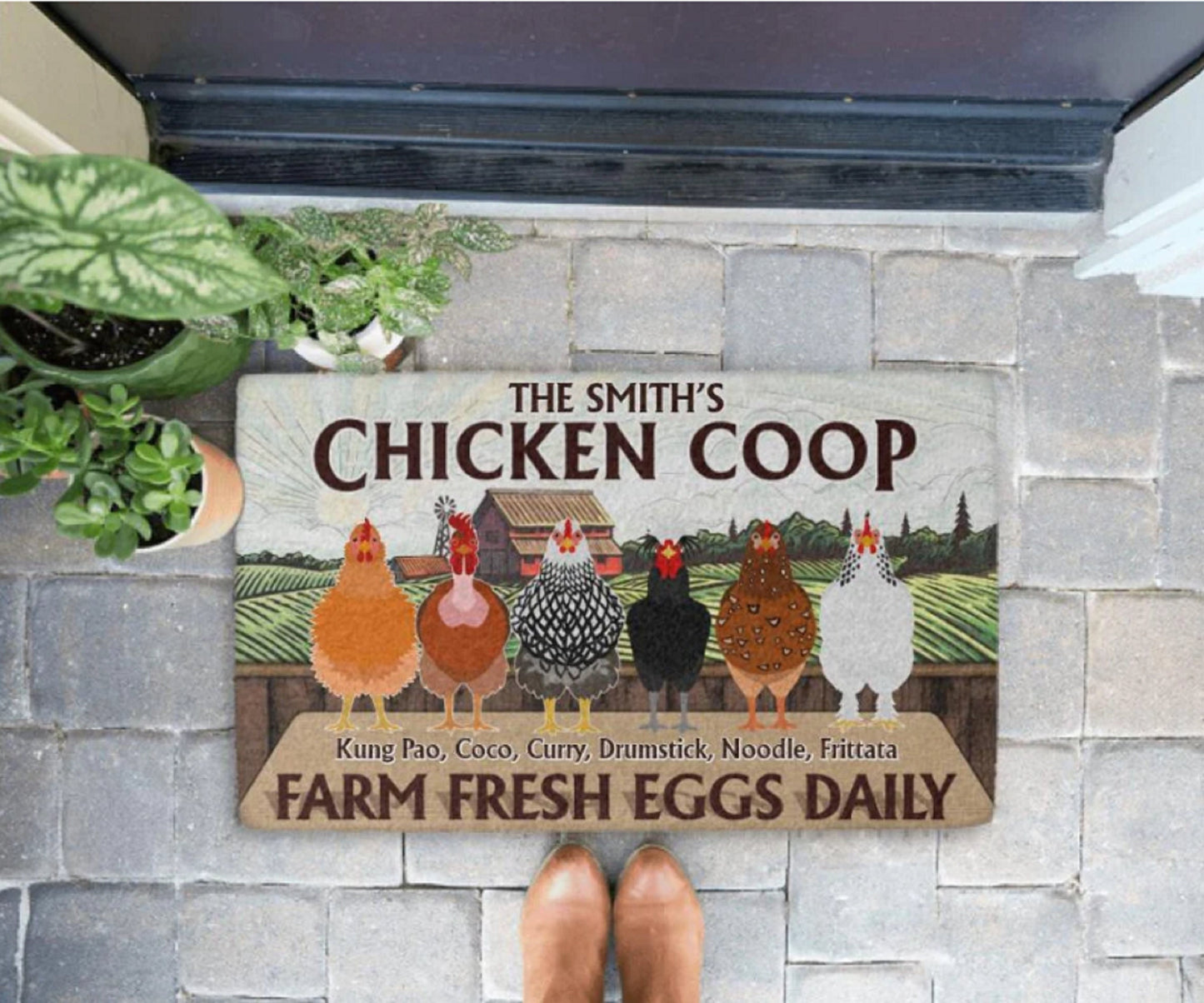 Chicken Coop Farm Fresh Eggs Daily Personalized Doormat, Funny Welcome Mat, Gift for Chicken Lovers, Housewarming Gift, Outdoor Mat