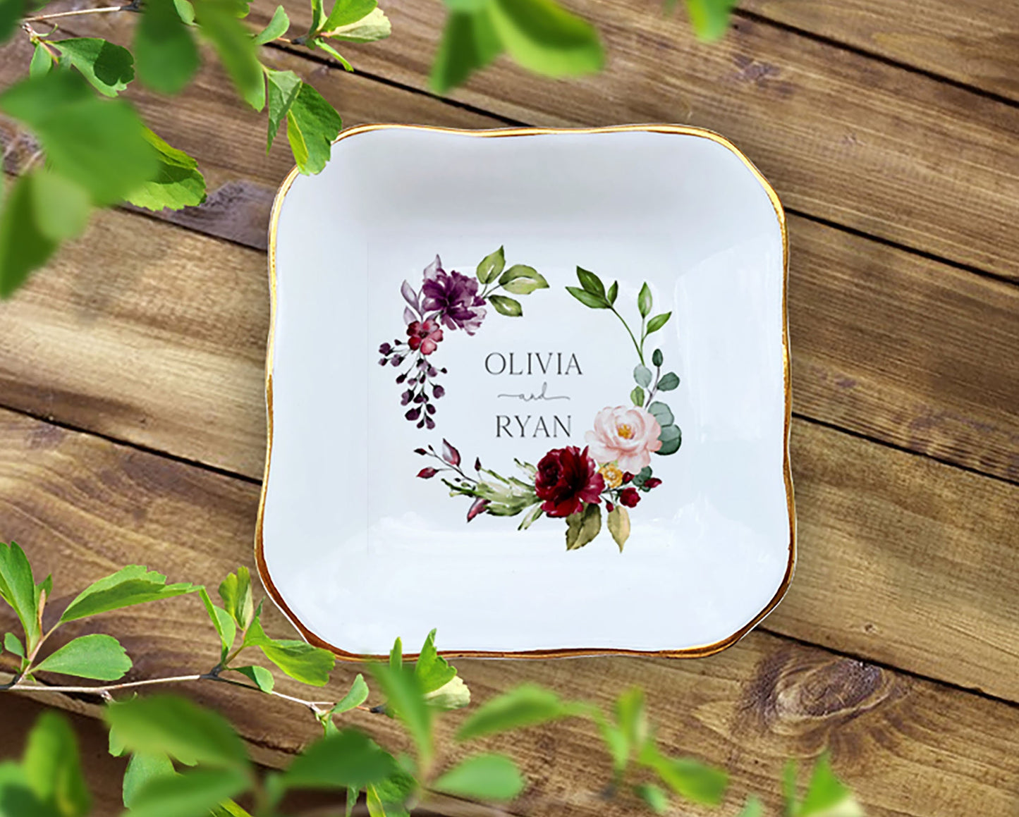 Personalized Burgundy Floral Wedding Ring Dish, Personalized Flower Ring Dish Gift For Engagement, Wedding Floral Ring Dish, Gift For Her