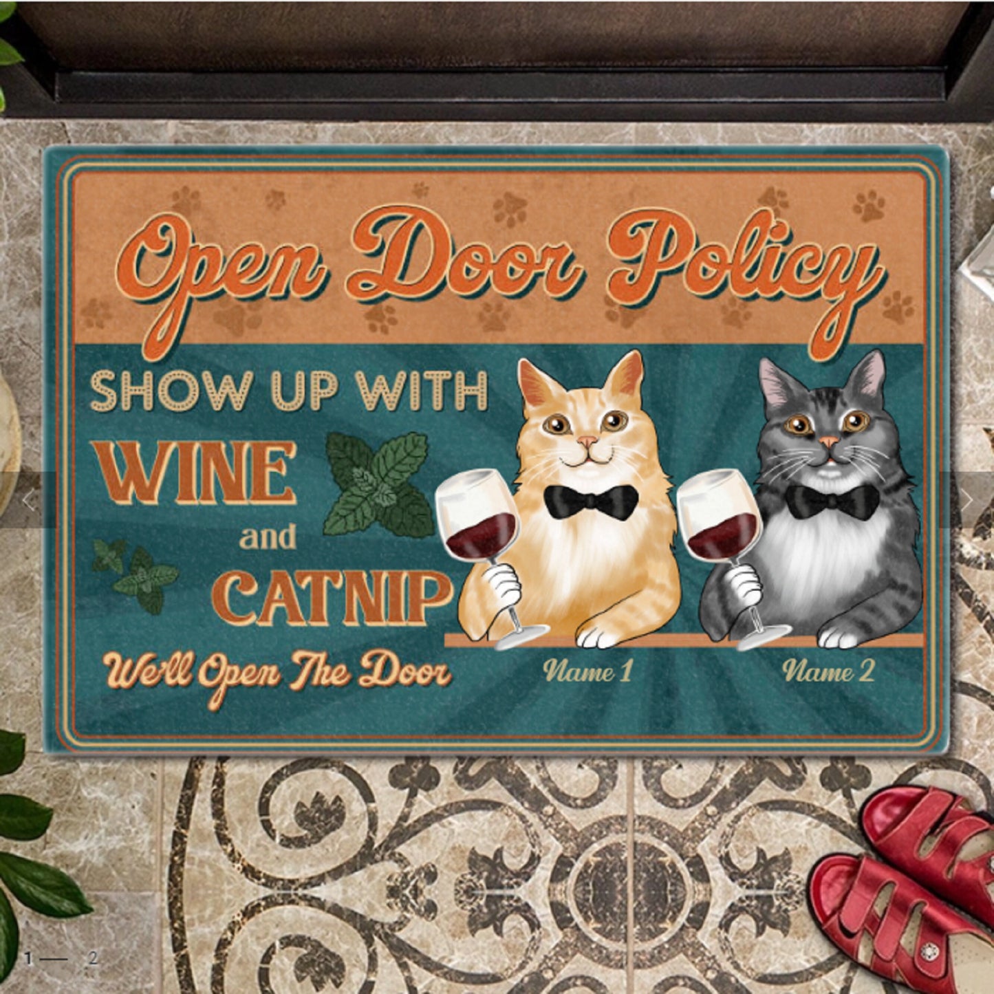 Funny Cat Welcome Doormat, Cat Entrance Mat, Welcome People Doormat, Housewarming Gift, Open Door Policy Show Up With Wine and Catnip