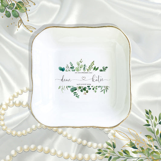 Personalized Elegant Floral Wedding Ring Dish, Personalized Wedding Favor Trinket Ring Dish