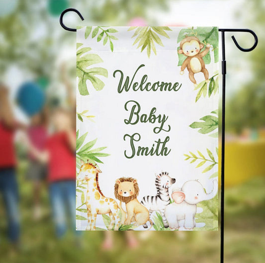Personalized Baby Shower Garden Flag, Jungle Garden Flag, House Flag, Spring Garden Flag, Baby Shower Gift, Safari Animal, Home Decor