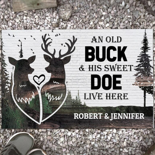 Personalized Couple Deer Welcome Doormat, Deer Front Doormat, Housewarming Gift, Customized Doormat For Lovers, Animal Golden Deer