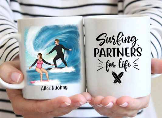 Surfing Partners for Life Personalized Mug, Funny Mugs For Surfing Lovers, Surfing Mug, Surfer Gift, Couples Gift, Valentine's Day Gift