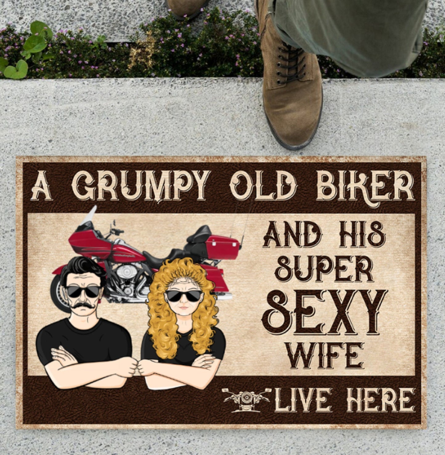 An Old Biker and His Wife Live Here Personalized Doormat, Gift for Motorcycle Lovers, Welcome Doormat, Housewarming Gift, Couples Gift