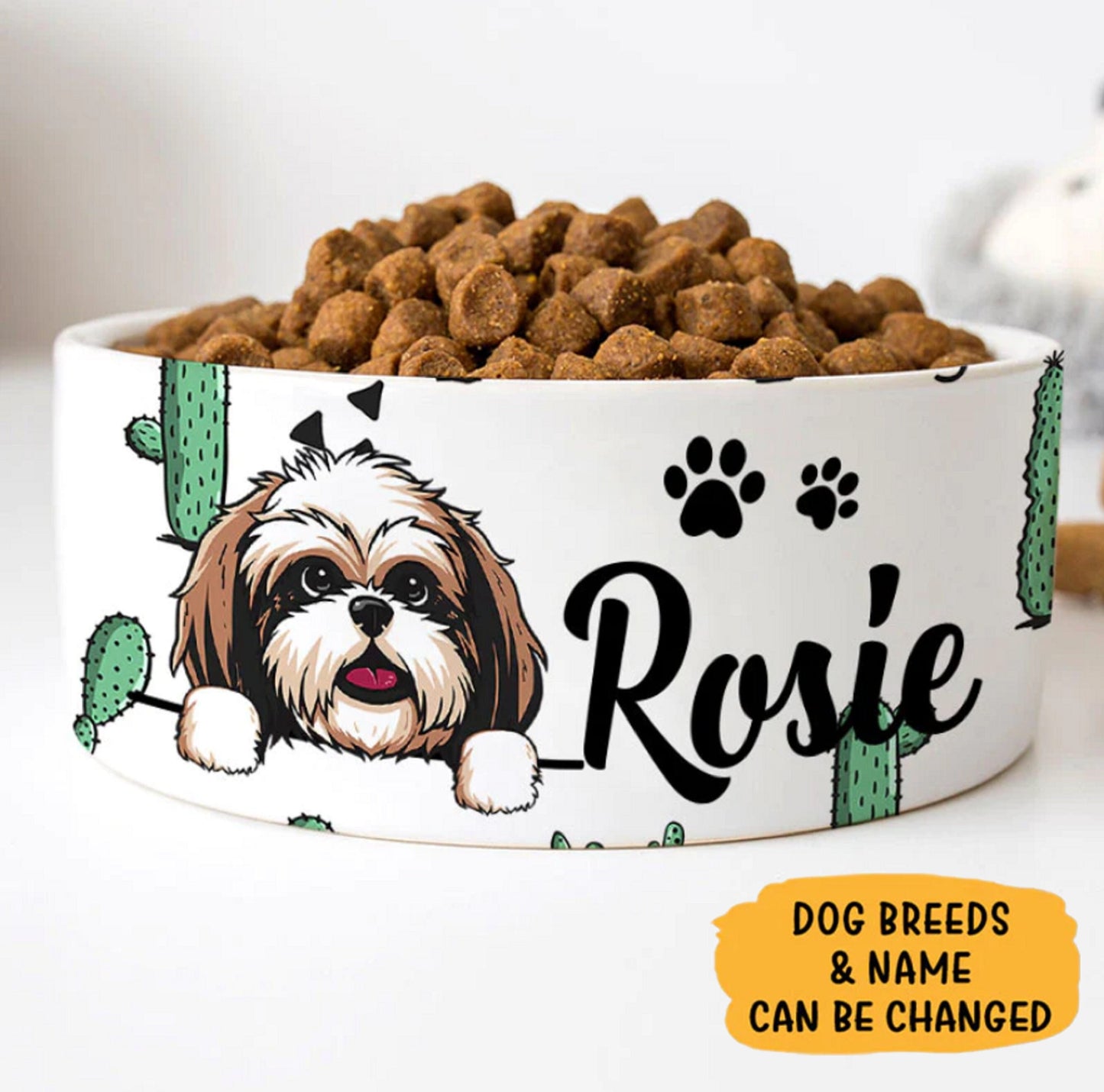 Custom Dog Bowls with Cactus, Personalized Dog Bowl, New Dog Gift, Dog Food Bowl, Dog Water Bowl, Pet Bowl, Dog Lovers Gift, Funny Dog Gift