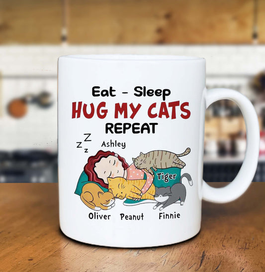 Personalized Funny Cat Mug - Eat Sleep Hug Cat Repeat Personalized Mug - Cat Mug Personalized Gift - Cat Mom Mug Gift - Funny Cat Mug Gift