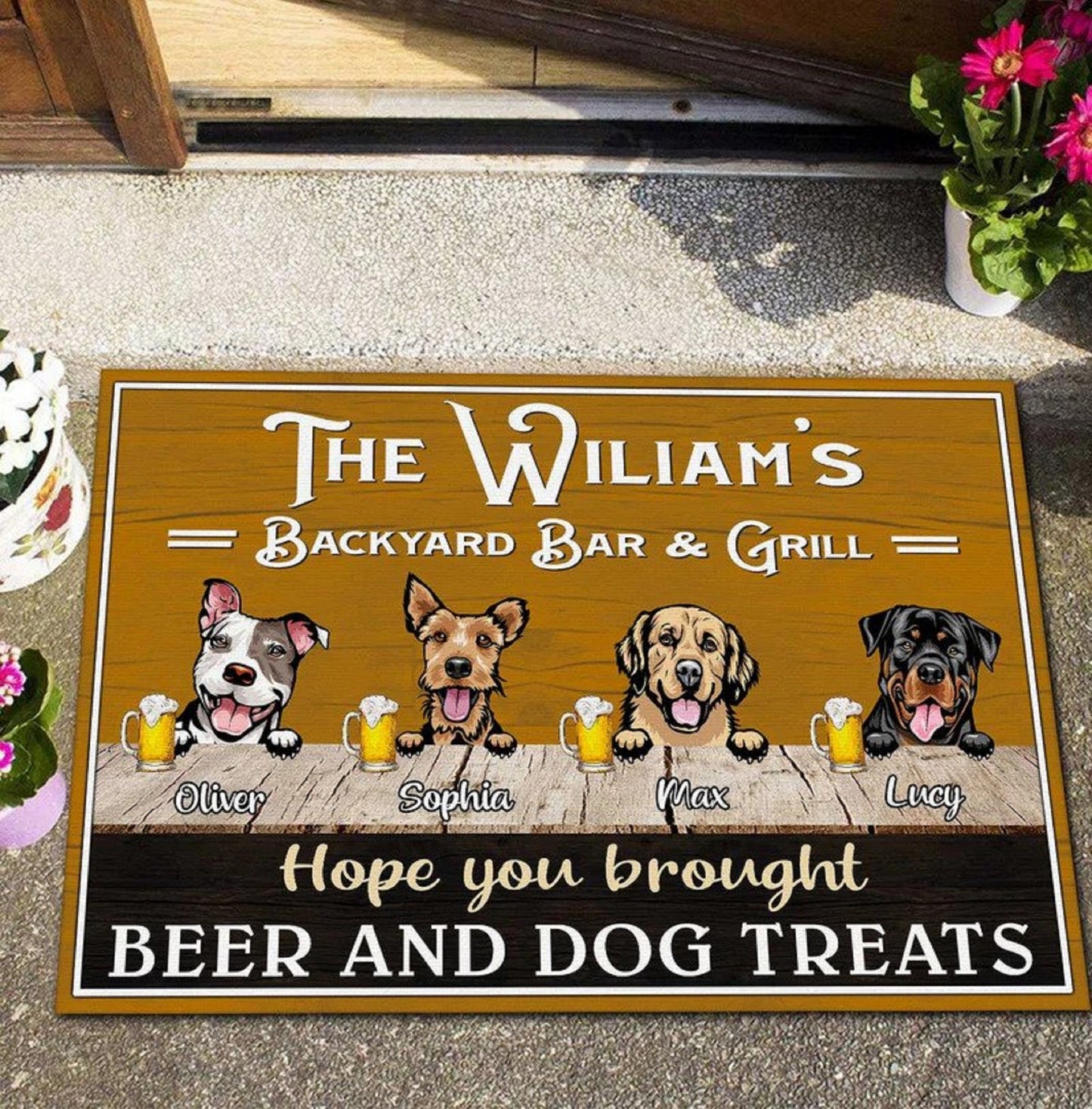 Personalized Dog Welcome Doormat, Personalized Dog Door Gift, Backyard Bar and Grill Personalized Door Mat, Housewarming Gift