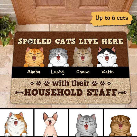 Spoiled Cast Live Here Cat Personalized Doormat, Funny Welcome Mat, Entrance Mat, Cat Mom Birthday Gift, Cute Cat Doormat, Cat Parent Gift