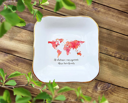 Personalized Long Distance BFF Gift, Watercolor World Map 2 Hearts Connected, Long Distance Friendship, Miles Apart But Close At Heart Dish