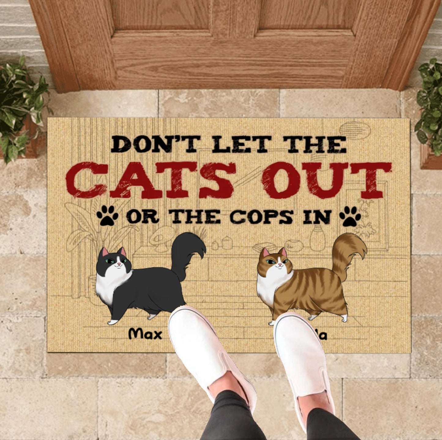 Don't Let The Cats Out Or The Cops In Personalized Cat Doormat, Funny Welcome Home Mat, Cat Entrance Mat, Welcome Mat, Housewarming Gift