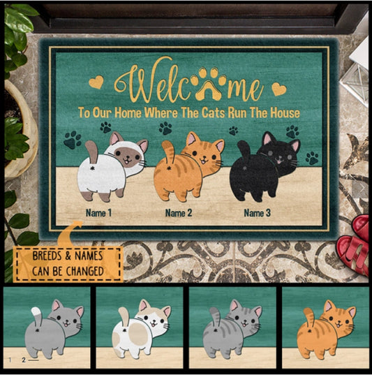 Personalized Cat Welcome Doormat, Cat Entrance Mat, Funny Cat Doormat, Housewarming Gift, Welcome To Our Home Where The Cats Runs The House