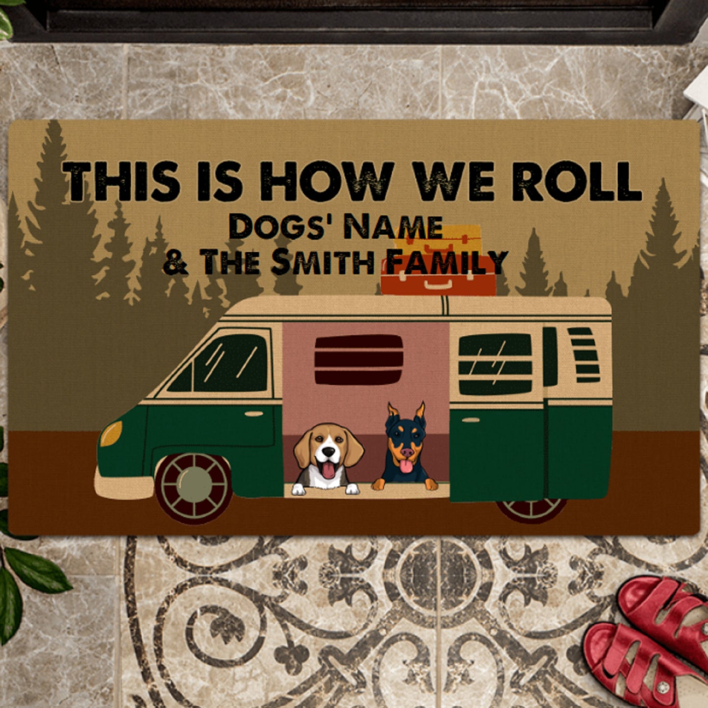 Personalized Dog Welcome Doormat, Dog Entrance Mat, Housewarming Gift, This How We Roll Family and Dog Welcome Mat, Family Camping Fire