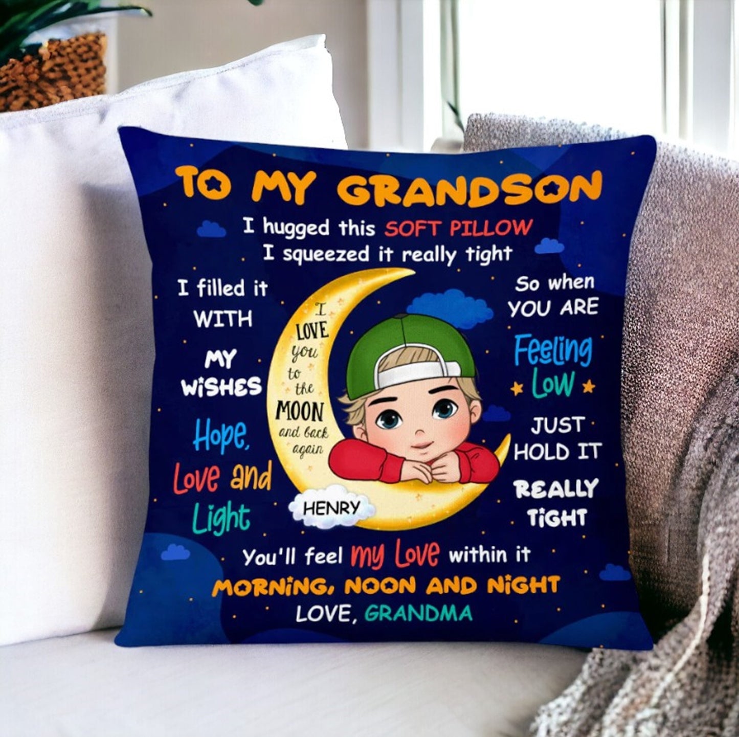 Grandson Custom Pillow, Family Name Pillow, Long Distance Gift From Grandma, Grandmas Pillow with Grandkids, Grandson Gifts, Nana Gifts