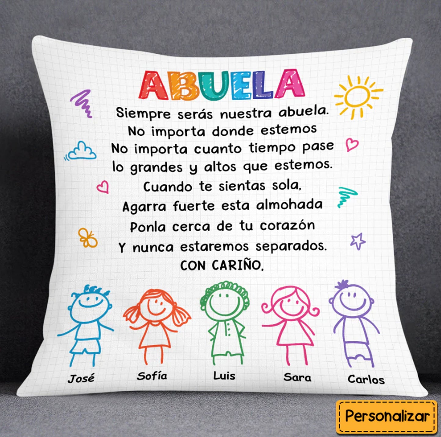 Grandma Spanish Abuela Drawing Pillow, Grandson Granddaughter Names Pillow, Family Name Pillow, Long Distance Gift, Grandmas with Grandkids