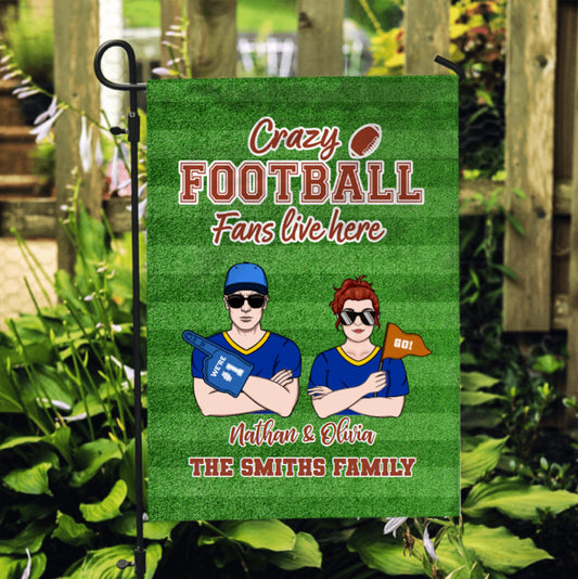 Crazy Football Fans Live Here Personalized Flag, Spring Garden Flag, Flag For Football Fans, Football Fan Outside Decor,Funny Sport Gift