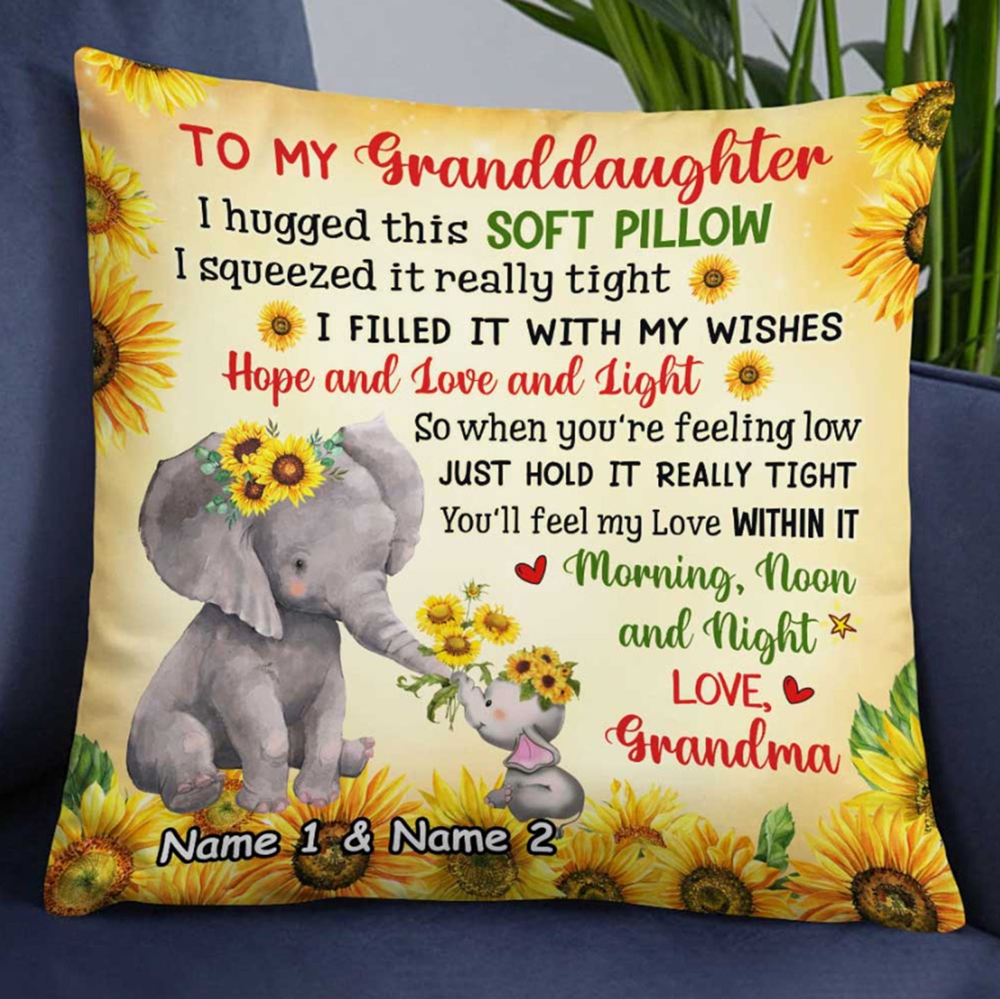 Elephant Sunflower Granddaughter Custom Pillow, Personalized Pillow, Family Name Pillow, Long Distance Gift, Grandmas Pillow with Grandkids