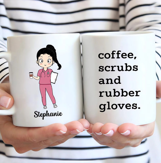 Nurse Coffee Scrubs Rubber Gloves Personalized Mug, Nurse Gift, RN Gift, BSN Gift, Funny Nurse Coffee Mug, Nurse Appreciation Gift