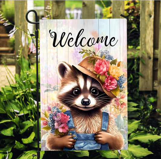 Cute Raccoon Garden Flower Flag, Farmhouse Flag, Spring Garden Flag, Raccoon Flag, Jungle Animal Flag, Outdoor Flag, Holiday Decor