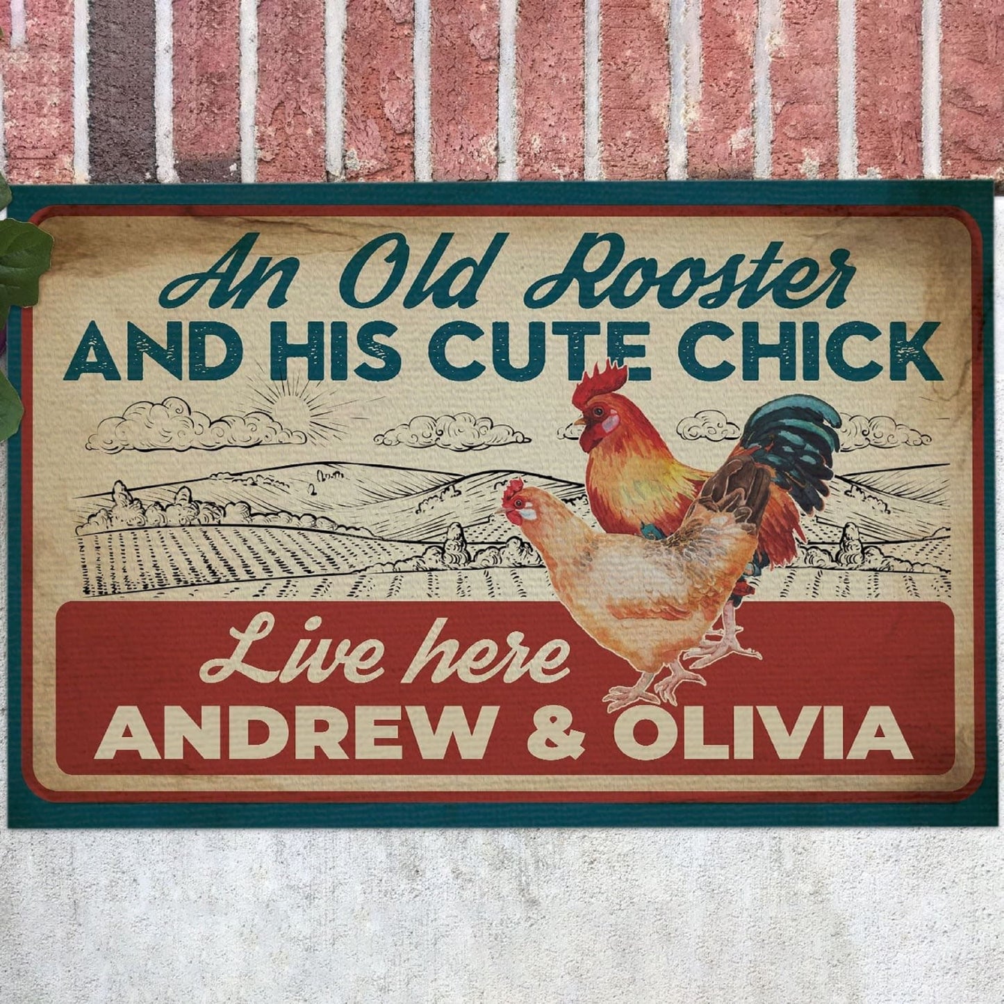 Personalized Couple Chicken Welcome Doormat, Front Doormat, Housewarming Gift, An Old Rooster And His Cute Chick Live Here Doormat