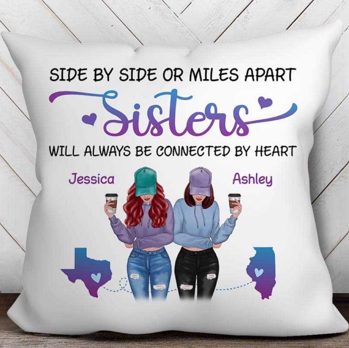 Long Distance Sisters Bestie Personalized Pillow, Custom Pillow, Funny Pillow, Best Friend Long Distance Gift, Custom State to State