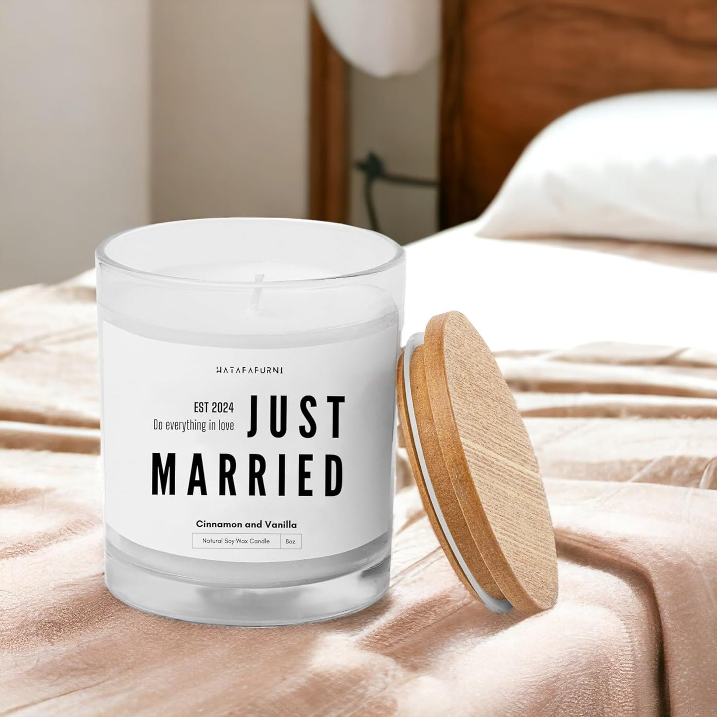 Just Married EST 2024 - Wedding Candle Gifts for Couples - Cinnamon and Vanilla Scented Candle 8oz