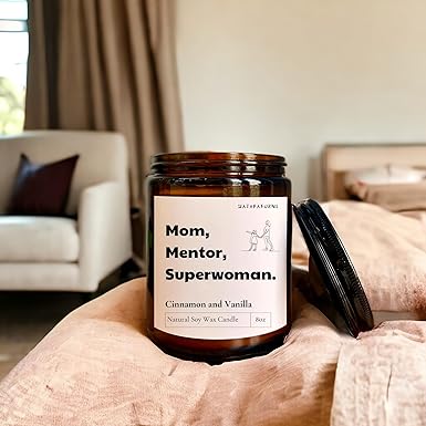 Mom, Mentor, Superwoman - Scented Candle Gifts for Mom - Cinnamon and Vanilla, Soy Wax Candles - 8oz