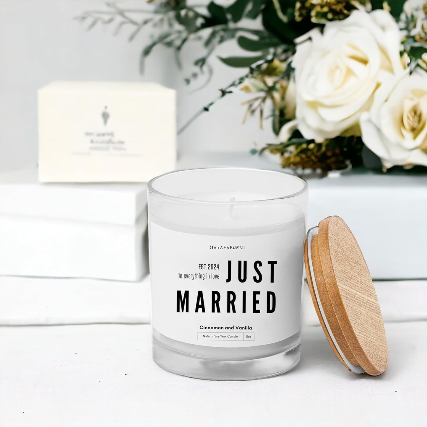 Just Married EST 2024 - Wedding Candle Gifts for Couples - Cinnamon and Vanilla Scented Candle 8oz