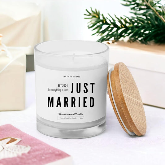 Just Married EST 2024 - Wedding Candle Gifts for Couples - Cinnamon and Vanilla Scented Candle 8oz