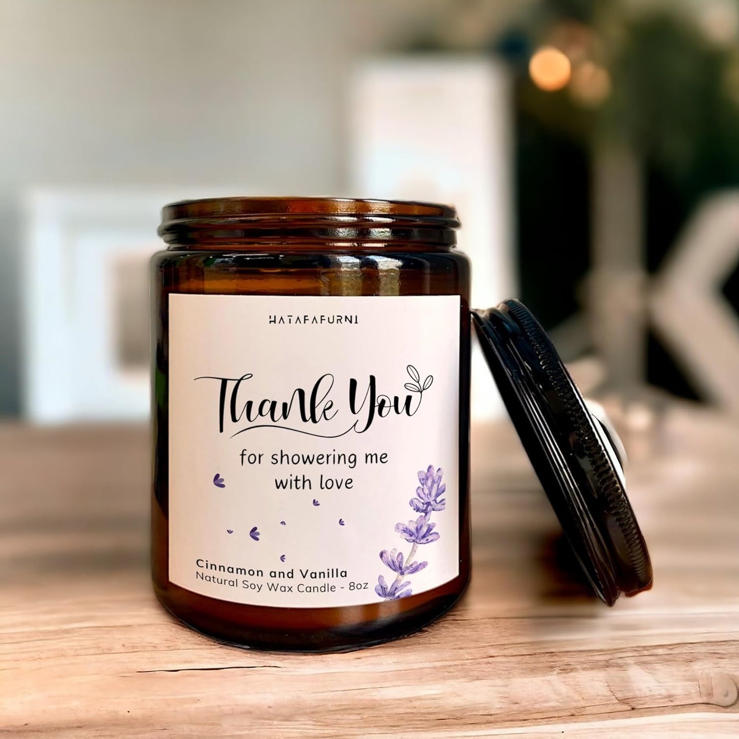 Bridal Shower Candle Favors, Thank you for showring me with love - Lavender Scented Candle 8oz