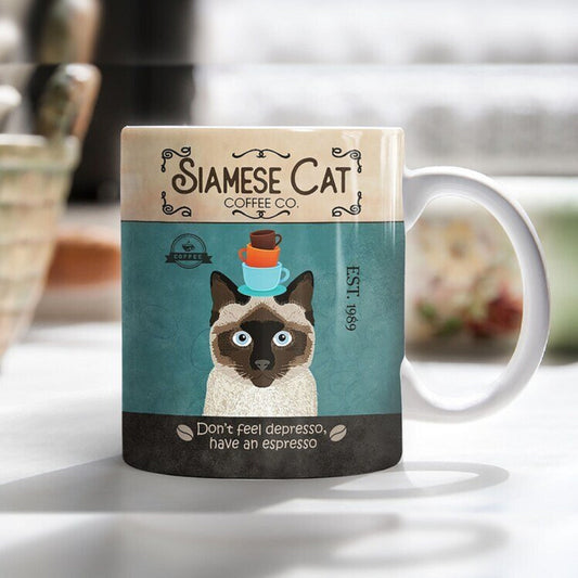 Personalized Vintage Siamese Cat Coffee Company Mug, Funny Cat Mug Don't Feel Depresso Have An Espresso For Cat Lovers, Cat Mom-Dad Mug