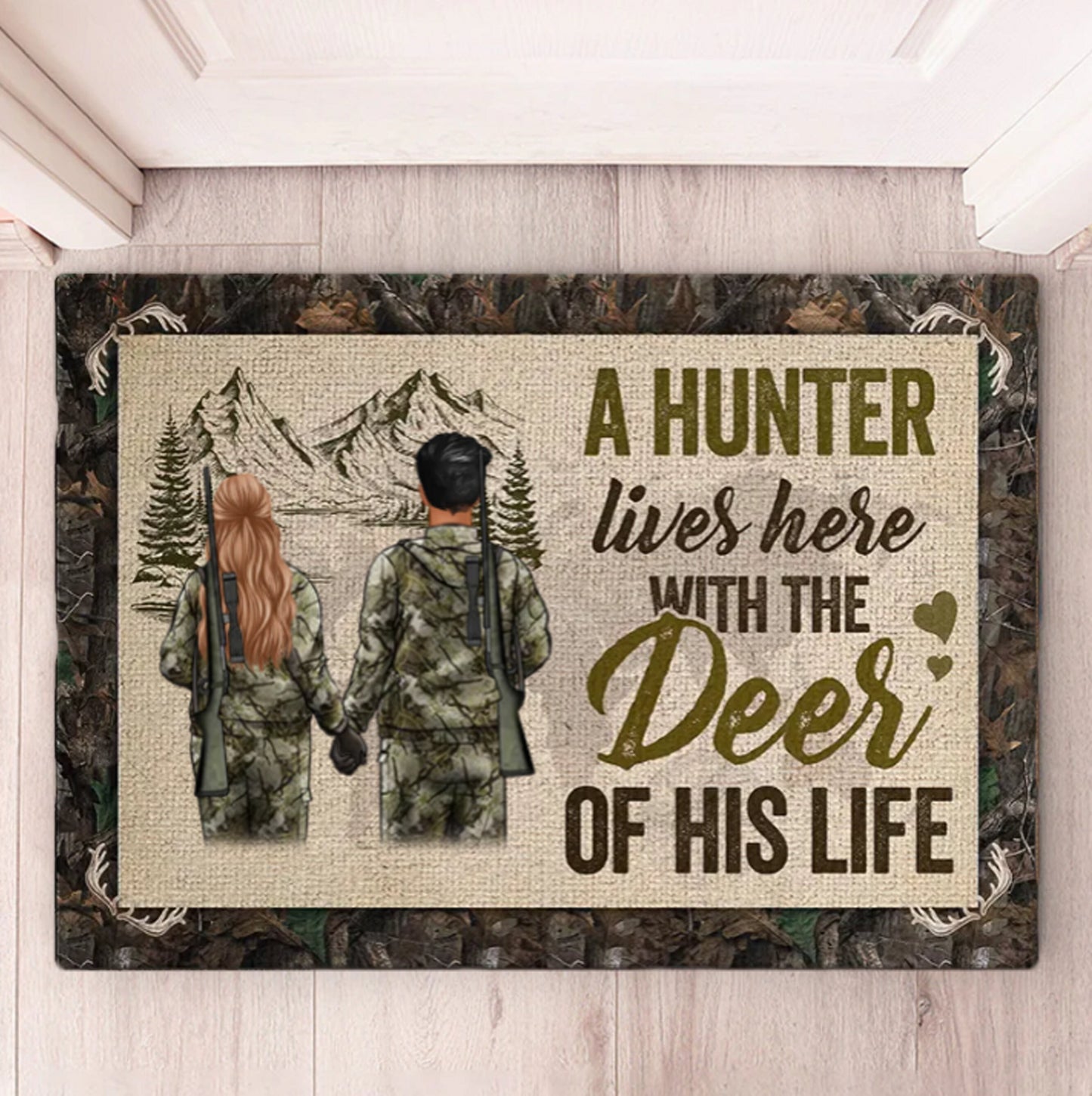 A Hunter Lives Here With the Deer of His Life Doormat, Gift for Hunting Lovers, Welcome Doormat, Gift for Hunters, Hunting Family