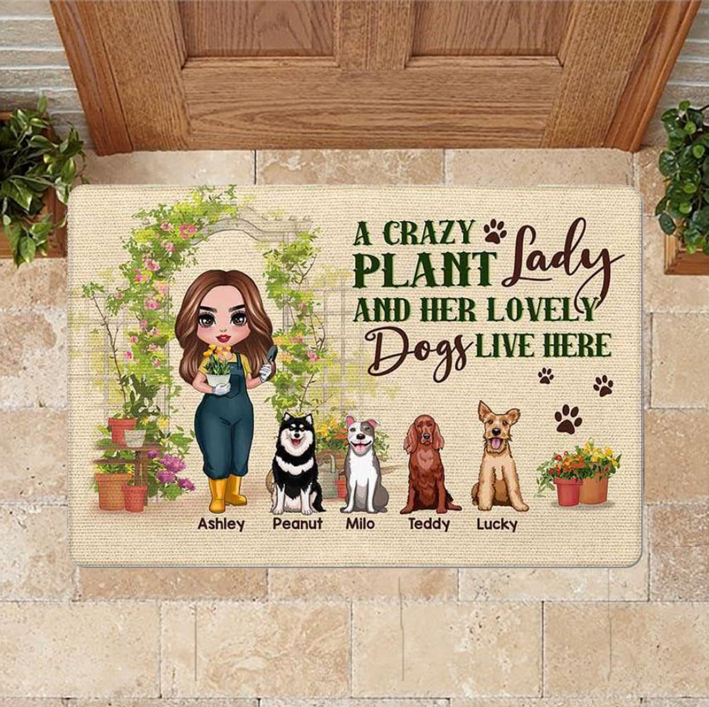 Plant Lady and Her Dog Live Here, Dog Personalized Doormat, Dog Entrance Mat, Housewarming Gift, Funny Gardening Doormat, Welcome Doormat