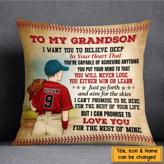 To My Grandson Pillow, Custom Grandson Baseball Pillow, Family Name Pillow, Long Distance Gift, Baseball Player Gift, Pitcher, Bat and Glove