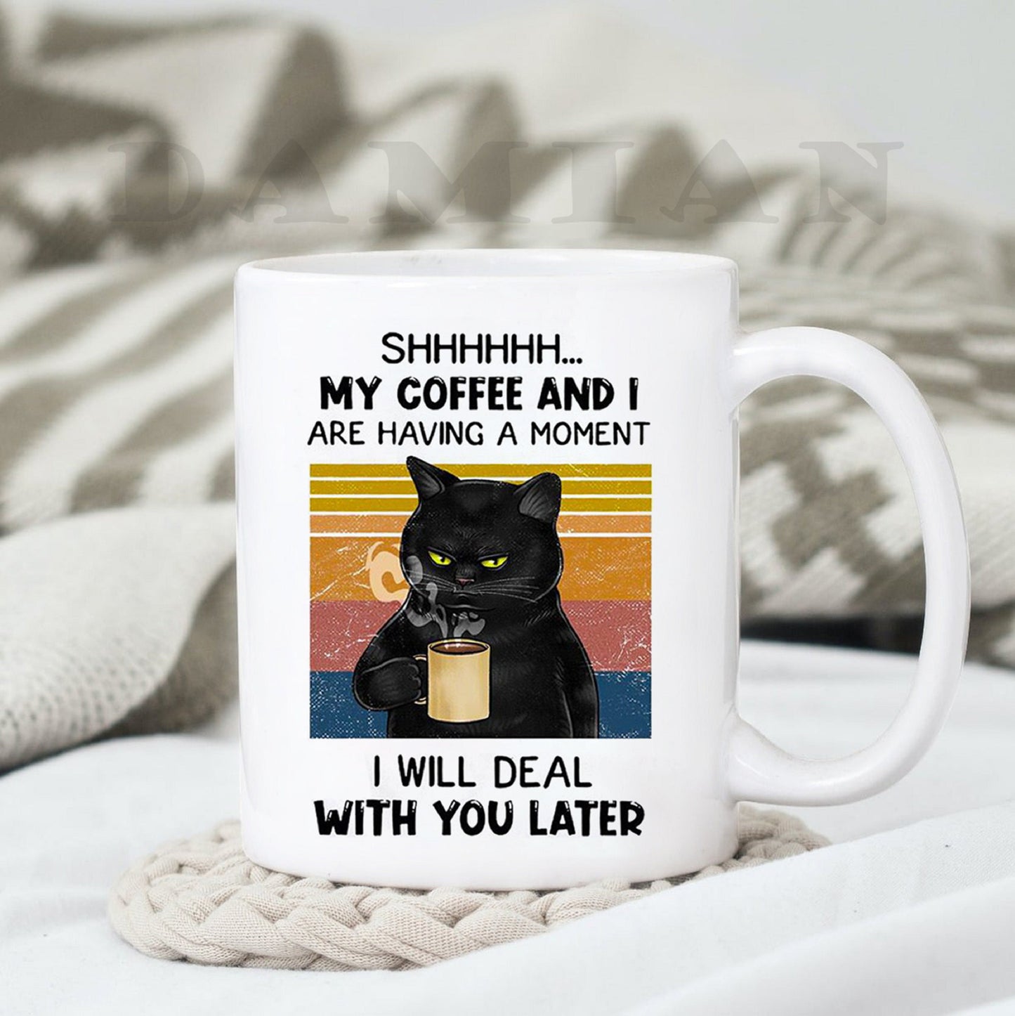 Black Cat Drink Coffee My Coffee And I Are Having A Moment Mug, Funny Cat Mug, Gift For Friend, Custom Coffee Mug, Mom Cat Mug, Dad Cat Mug