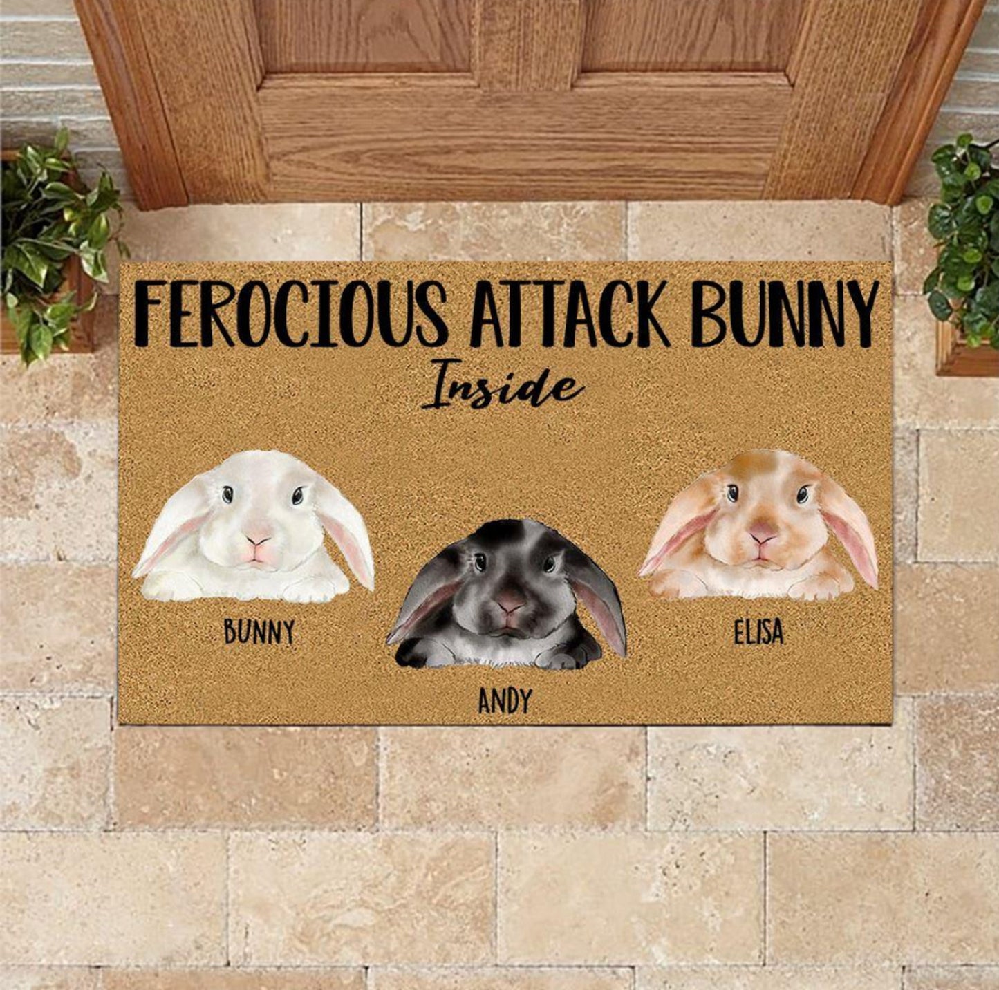 Personalized Bunny Welcome Doormat, Ferocious Attack Bunny Inside, Rabbit Entrance Mat, Easter Bunny, Bunny Doormat, Rabbit Lover Gifts