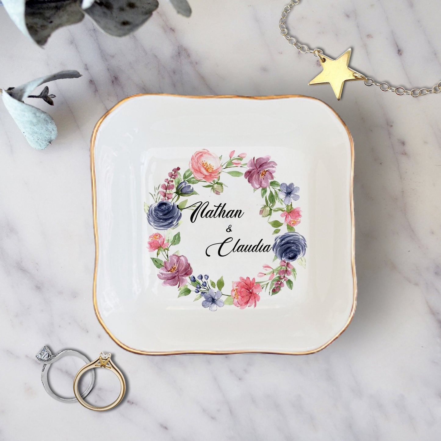 Personalized Flower Ring Dish, Simple And Elegant Jewelry Dish, Watercolor Floral Engegament Dish, Bridal Shower Gift, Valentine Gift