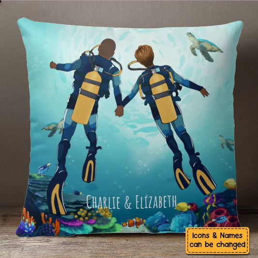 Scuba Diving Personalized Pillow, Couple Name Pillow, Gift for Lovers, Anniversary Gift, Scuba Couples Gifts, Relationship Gifts