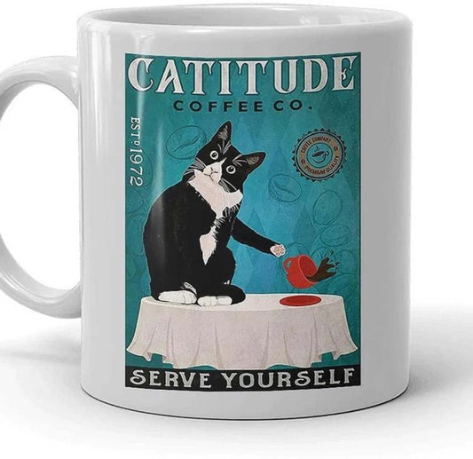 Personalized Funny Retro Catitude Coffee Company Serve Yourself Cat Mug, Black Cat Coffee Company Mug, Mom Mug, Dad Mug For Pet Lovers